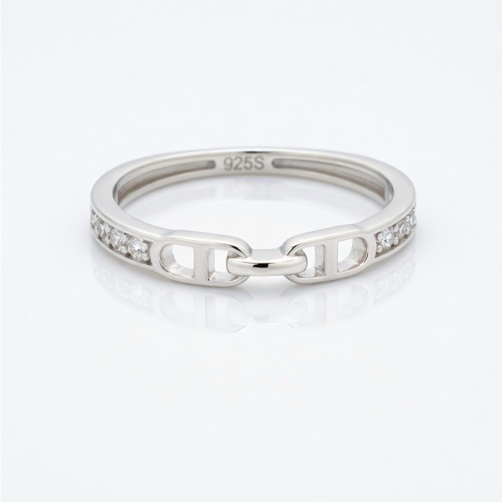 Rhodium Plated Solid 925 Sterling Silver Chain Link Cubic Zirconia Ring Size 5.5